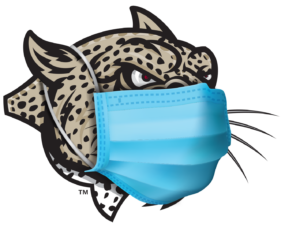 Illustration of Lafayette Leopard mascot's head wearing a medical mask